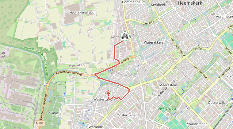 Kaart van de omgeving van de melding, met de kazerne die is gealarmeerd