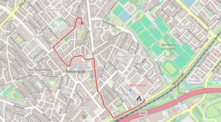 Kaart van de omgeving van de melding, met de kazerne die is gealarmeerd