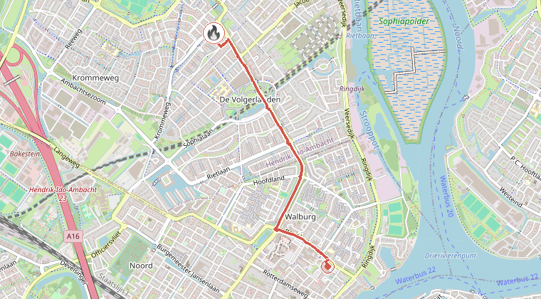 Kaart van de omgeving van de melding, met de kazerne die is gealarmeerd