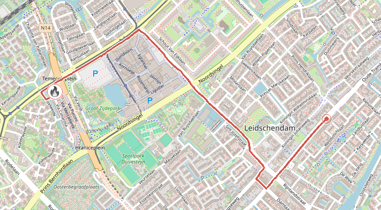 Kaart van de omgeving van de melding, met de kazerne die is gealarmeerd