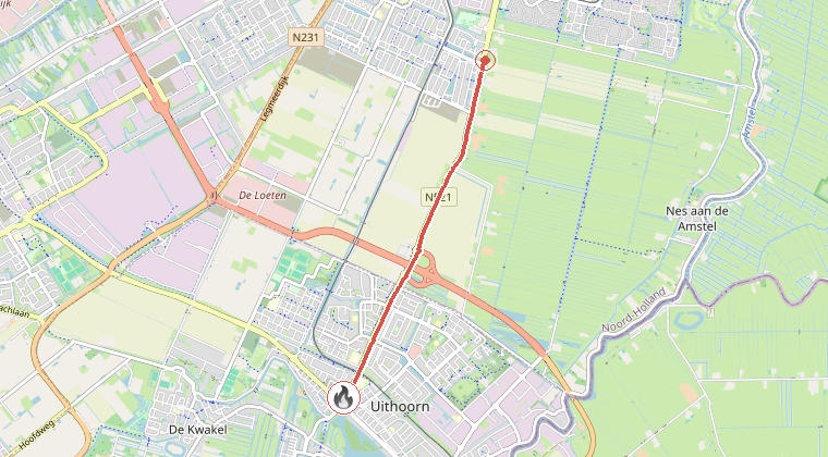 Kaart van de omgeving van de melding, met de kazerne die is gealarmeerd