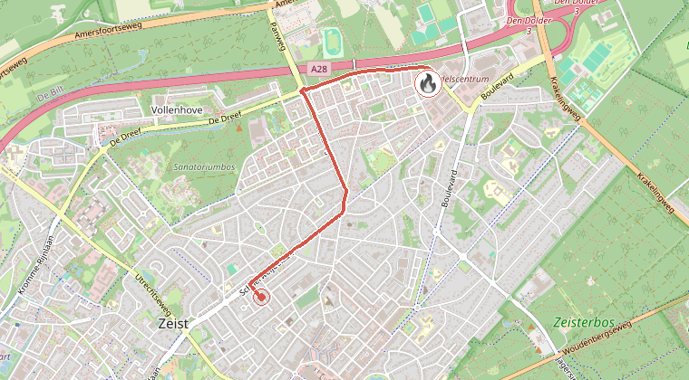Kaart van de omgeving van de melding, met de kazerne die is gealarmeerd