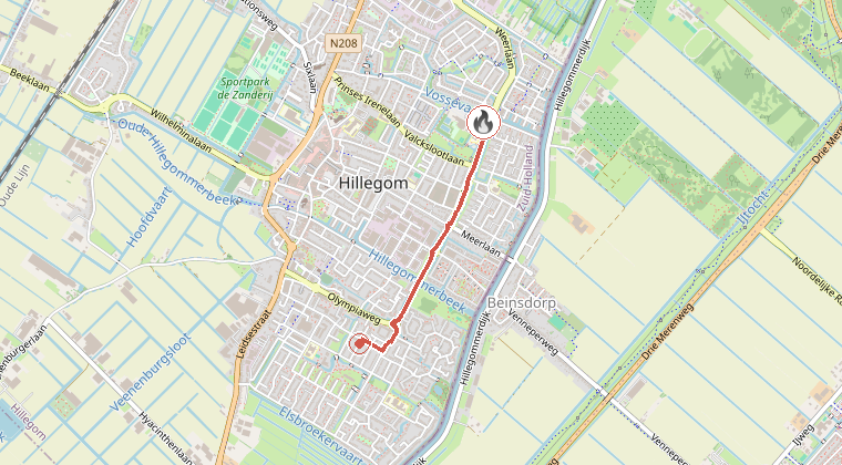 Kaart van de omgeving van de melding, met de kazerne die is gealarmeerd