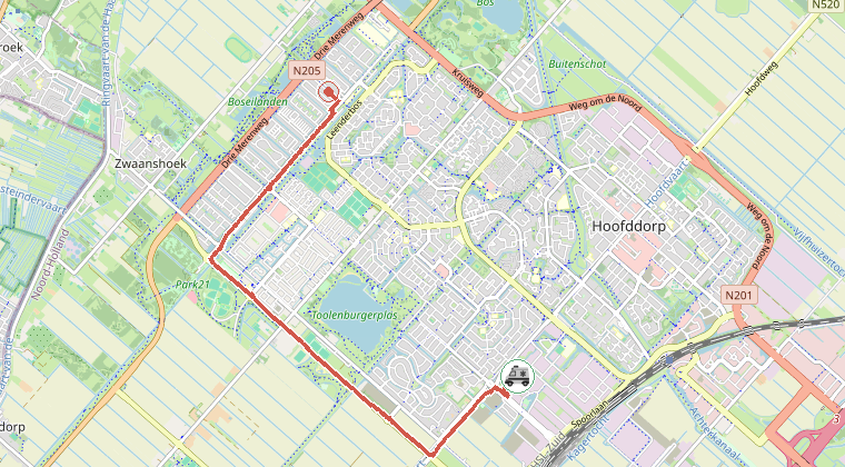 Kaart van de omgeving van de melding, met de kazerne die is gealarmeerd