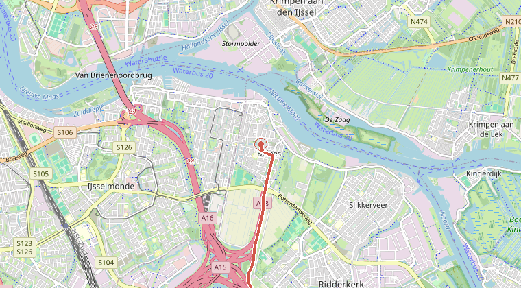 Kaart van de omgeving van de melding, met de kazerne die is gealarmeerd