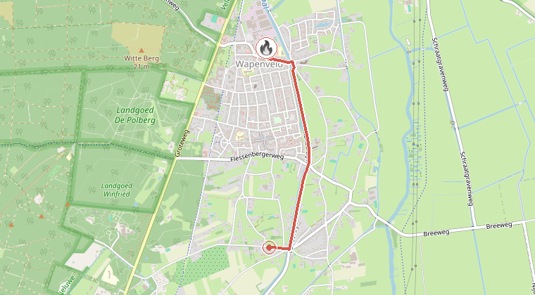Kaart van de omgeving van de melding, met de kazerne die is gealarmeerd
