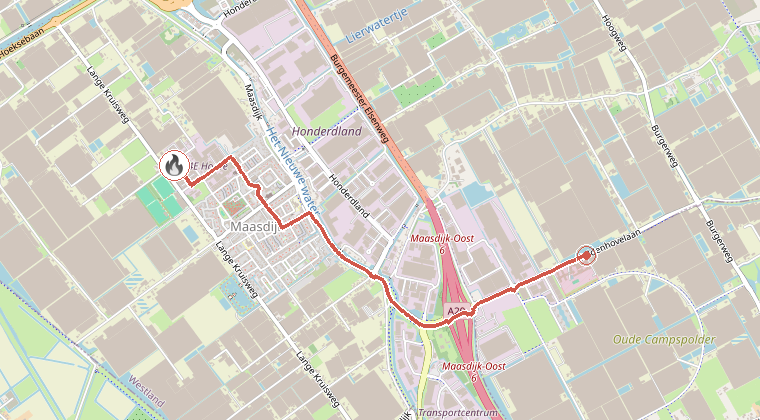 Kaart van de omgeving van de melding, met de kazerne die is gealarmeerd