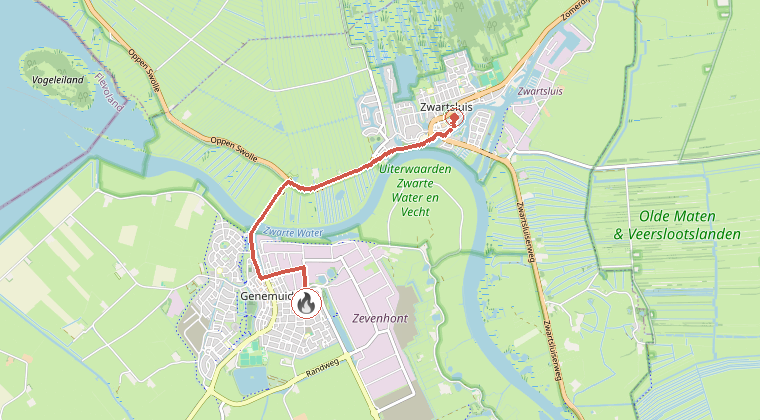 Kaart van de omgeving van de melding, met de kazerne die is gealarmeerd