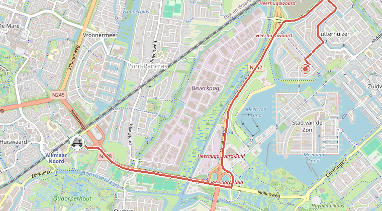 Kaart van de omgeving van de melding, met de kazerne die is gealarmeerd