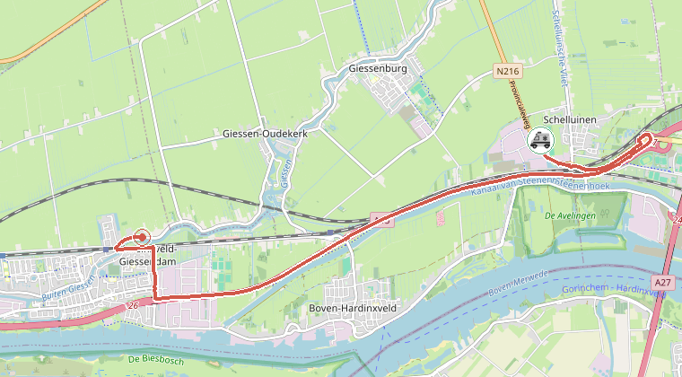 Kaart van de omgeving van de melding, met de kazerne die is gealarmeerd