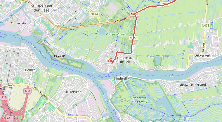 Kaart van de omgeving van de melding, met de kazerne die is gealarmeerd