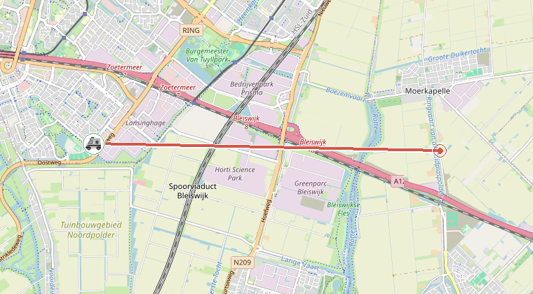 Kaart van de omgeving van de melding, met de kazerne die is gealarmeerd
