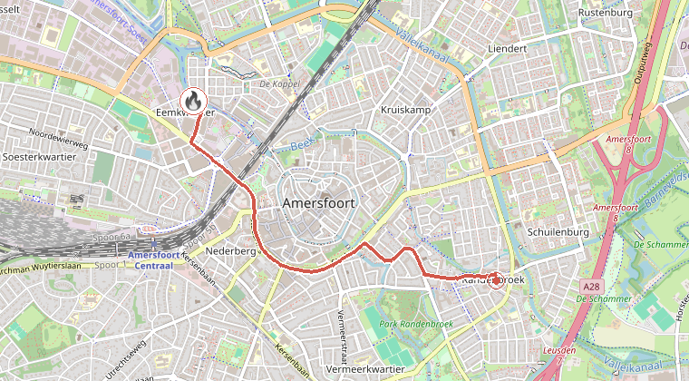 Kaart van de omgeving van de melding, met de kazerne die is gealarmeerd