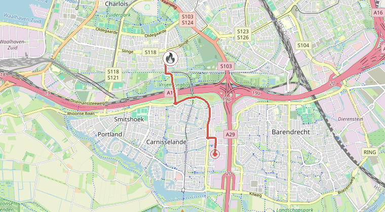 Kaart van de omgeving van de melding, met de kazerne die is gealarmeerd