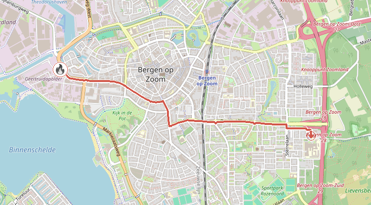 Kaart van de omgeving van de melding, met de kazerne die is gealarmeerd