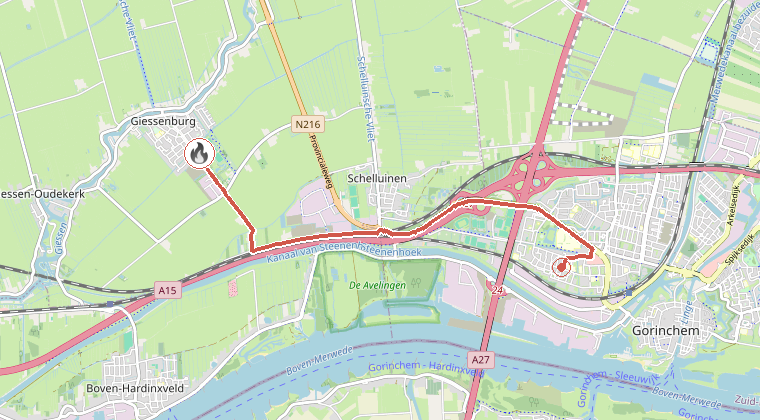Kaart van de omgeving van de melding, met de kazerne die is gealarmeerd