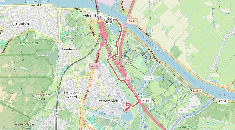 Kaart van de omgeving van de melding, met de kazerne die is gealarmeerd