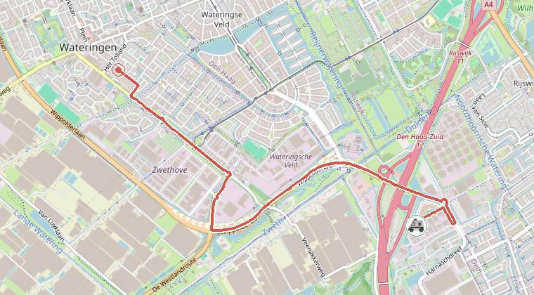Kaart van de omgeving van de melding, met de kazerne die is gealarmeerd