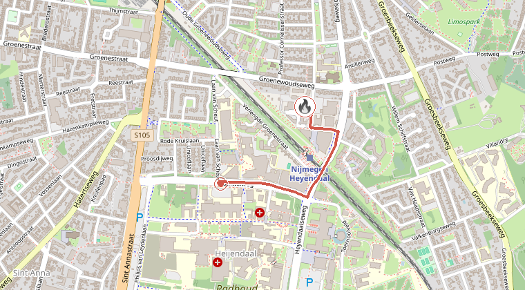 Kaart van de omgeving van de melding, met de kazerne die is gealarmeerd