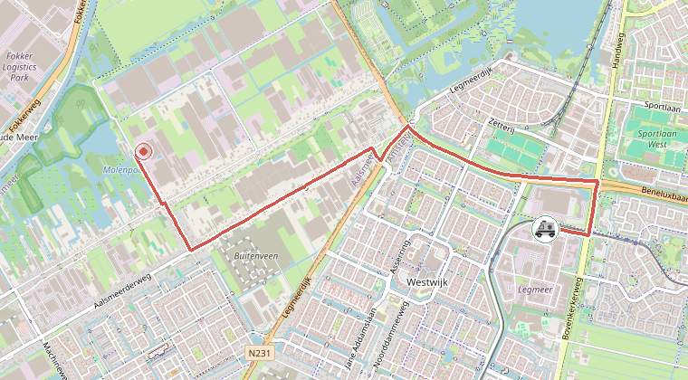 Kaart van de omgeving van de melding, met de kazerne die is gealarmeerd