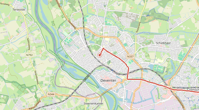 Kaart van de omgeving van de melding, met de kazerne die is gealarmeerd