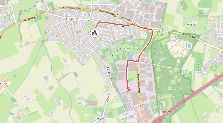Kaart van de omgeving van de melding, met de kazerne die is gealarmeerd