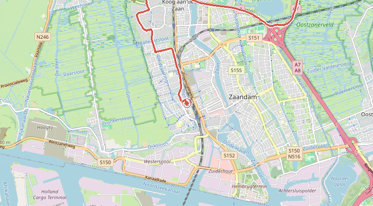 Kaart van de omgeving van de melding, met de kazerne die is gealarmeerd