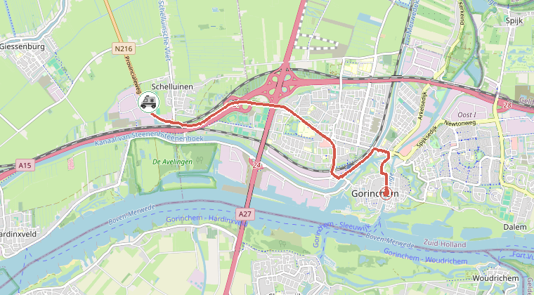Kaart van de omgeving van de melding, met de kazerne die is gealarmeerd