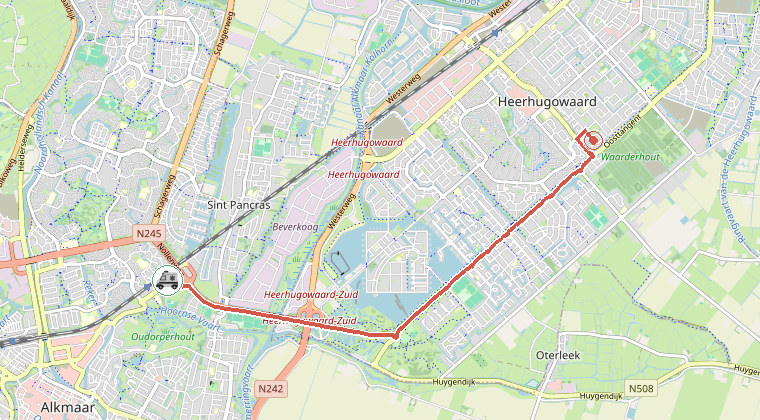 Kaart van de omgeving van de melding, met de kazerne die is gealarmeerd