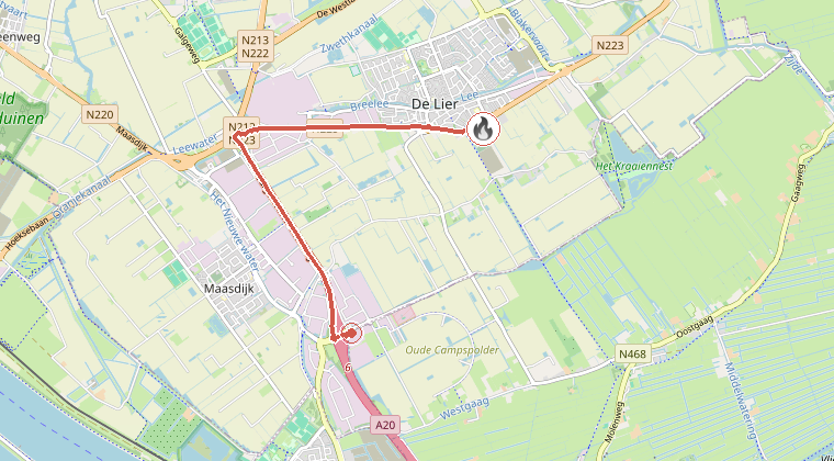 Kaart van de omgeving van de melding, met de kazerne die is gealarmeerd