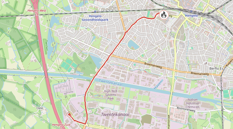 Kaart van de omgeving van de melding, met de kazerne die is gealarmeerd
