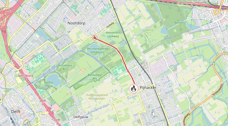 Kaart van de omgeving van de melding, met de kazerne die is gealarmeerd