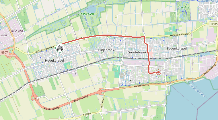 Kaart van de omgeving van de melding, met de kazerne die is gealarmeerd