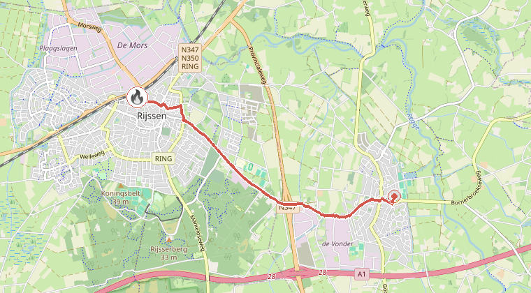 Kaart van de omgeving van de melding, met de kazerne die is gealarmeerd