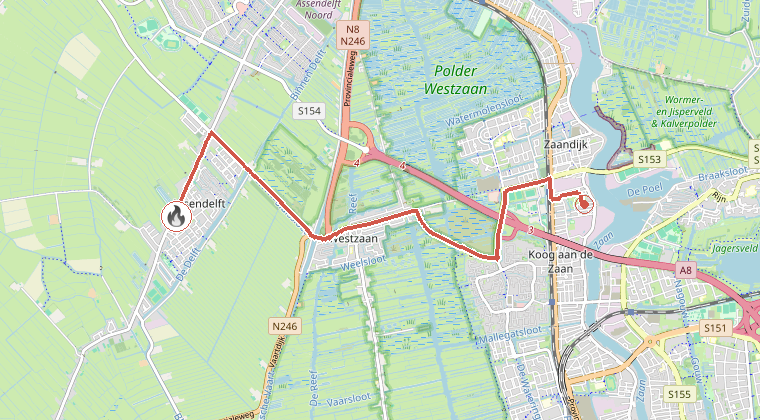 Kaart van de omgeving van de melding, met de kazerne die is gealarmeerd