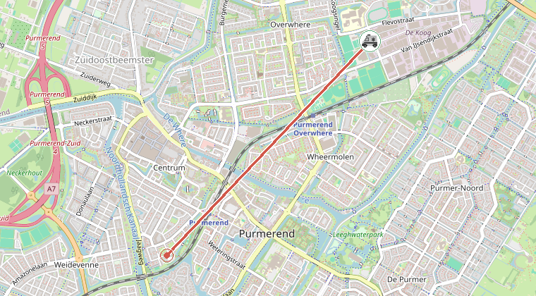 Kaart van de omgeving van de melding, met de kazerne die is gealarmeerd