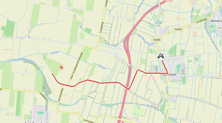 Kaart van de omgeving van de melding, met de kazerne die is gealarmeerd