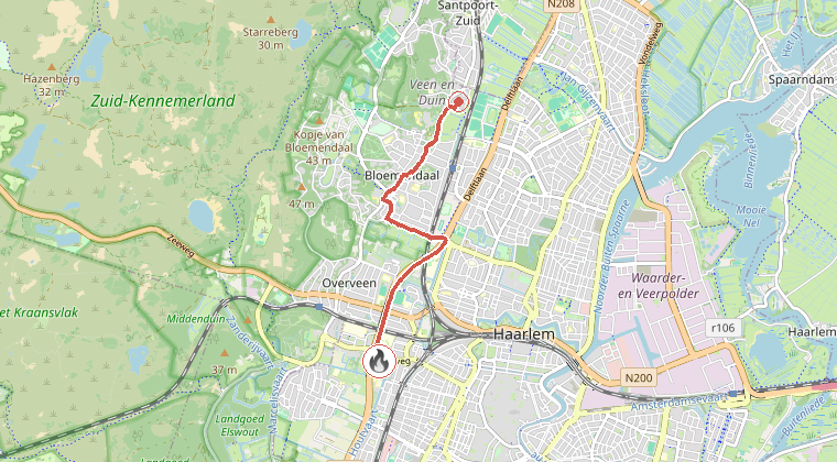 Kaart van de omgeving van de melding, met de kazerne die is gealarmeerd