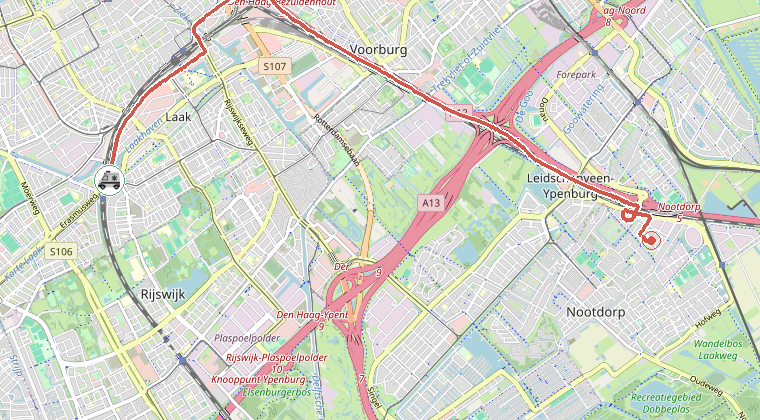 Kaart van de omgeving van de melding, met de kazerne die is gealarmeerd