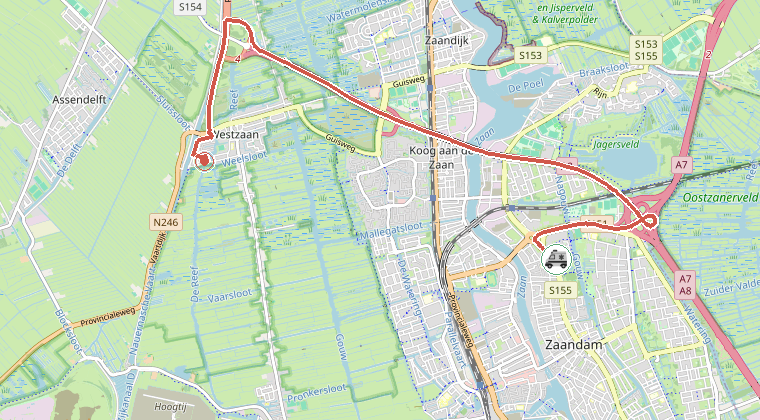 Kaart van de omgeving van de melding, met de kazerne die is gealarmeerd