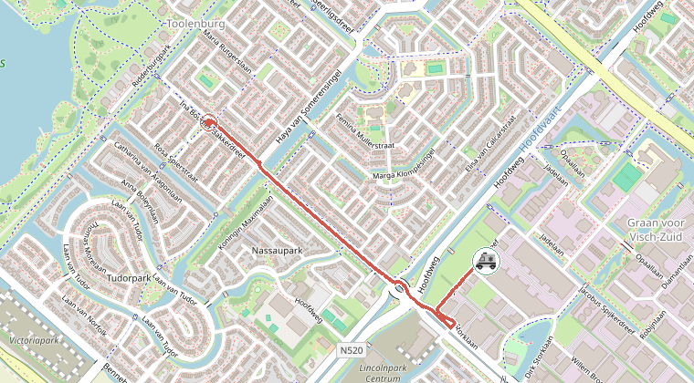Kaart van de omgeving van de melding, met de kazerne die is gealarmeerd