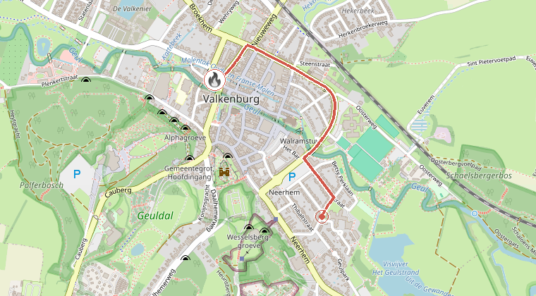 Kaart van de omgeving van de melding, met de kazerne die is gealarmeerd