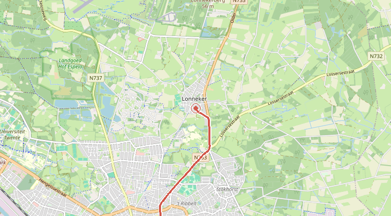 Kaart van de omgeving van de melding, met de kazerne die is gealarmeerd