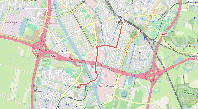 Kaart van de omgeving van de melding, met de kazerne die is gealarmeerd