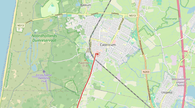 Kaart van de omgeving van de melding, met de kazerne die is gealarmeerd