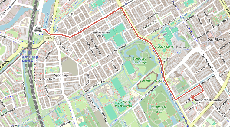 Kaart van de omgeving van de melding, met de kazerne die is gealarmeerd