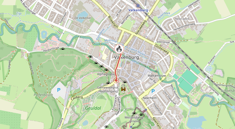 Kaart van de omgeving van de melding, met de kazerne die is gealarmeerd