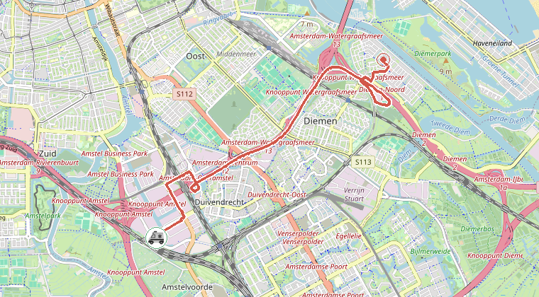 Kaart van de omgeving van de melding, met de kazerne die is gealarmeerd