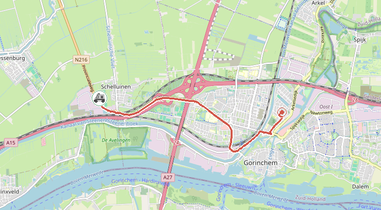 Kaart van de omgeving van de melding, met de kazerne die is gealarmeerd