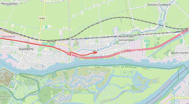 Kaart van de omgeving van de melding, met de kazerne die is gealarmeerd